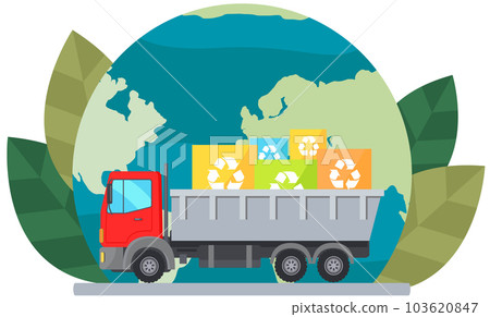 Truck transporting recycled objects in containers. Car with garbage on background of planet Truck transporting recycled objects in containers. Car with garbage on background of planet 103620847