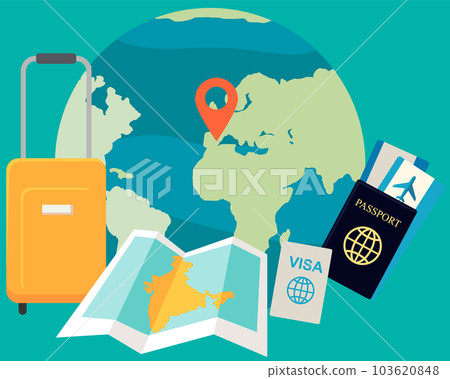 Passport, boarding pass, visa, luggage, map and Earth icon. Travel to point marked on planet 103620848