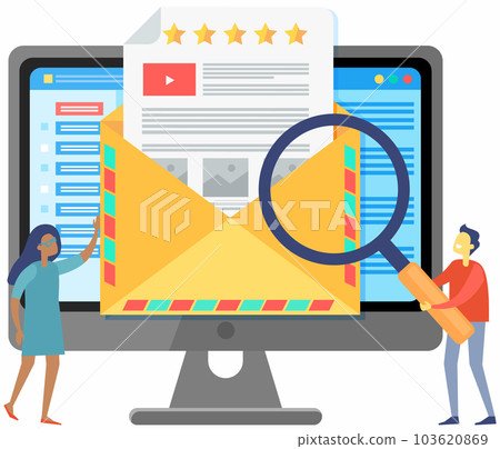 Colleagues examine letter under magnifying glass. People dealing with online communication Colleagues examine letter under magnifying glass. People dealing with online communication 103620869