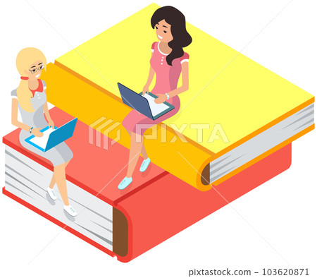 Online library concept. Books in laptop. Young girls love to read sitting on stack of large books Online library concept. Books in laptop. Young girls love to read sitting on stack of large books 103620871
