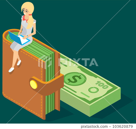 Young woman with laptop sitting on wallet with currency. Savings, storage, Carry investments 103620879