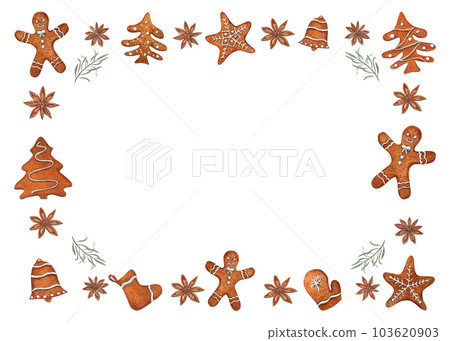 Watercolor frame with star anise, sea buckthorn branch, Christmas gingerbread cookies decorated with white icing isolated on white. Winter illustration for the design of greetings, package 103620903