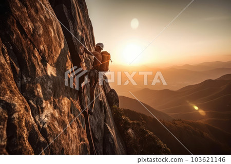 An adventurous man conquering a rocky mountain peak with endurance and determination, demonstrating the strength of the human spirit. AI Generative. 103621146