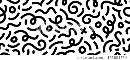 Abstract doodle squiggly lines seamless pattern. Black and white childish scribble repeating background. Basic shapes and curved wavy stripes wallpaper. Vector monochrome backdrop Abstract doodle squiggly lines seamless pattern. Black and white childish scribble repeating background. Basic shapes and curved wavy stripes wallpaper. Vector monochrome backdrop 103621754