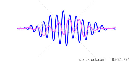 Blue and pink overlapping sound waves. Two sinusoid lines with different frequency and amplitude. Voice or music audio samples. Electronic radio signal and impulse graphics. Vector 103621755