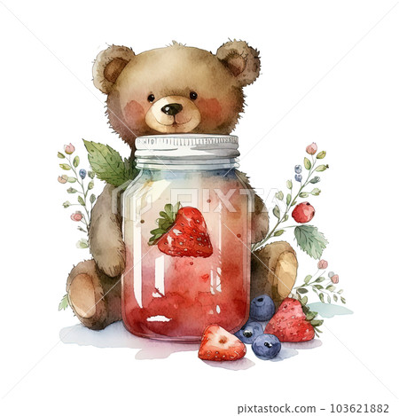 Watercolor bear with jam jar. Illustration Generative AI 103621882