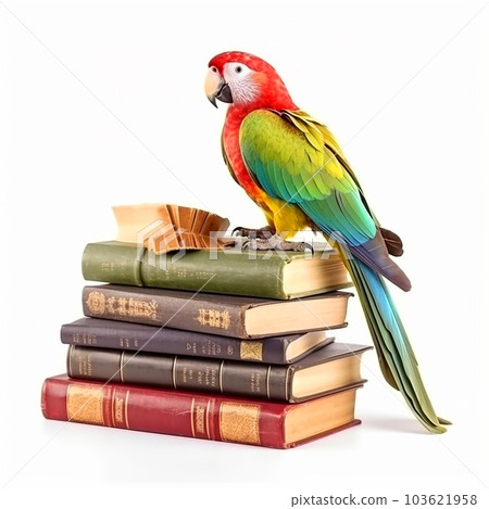 Beautiful colored parrot sits on a stack of vintage books, close-up on white, fairy tale illustration 103621958