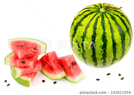 Ripe round watermelon and appetizing watermelon slices isolated on white . 103621959