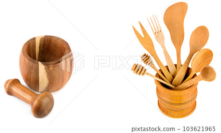 Mortar, pestle and set of kitchen wooden spoons and spatulas isolated on white . There is space for text. Collage. 103621965