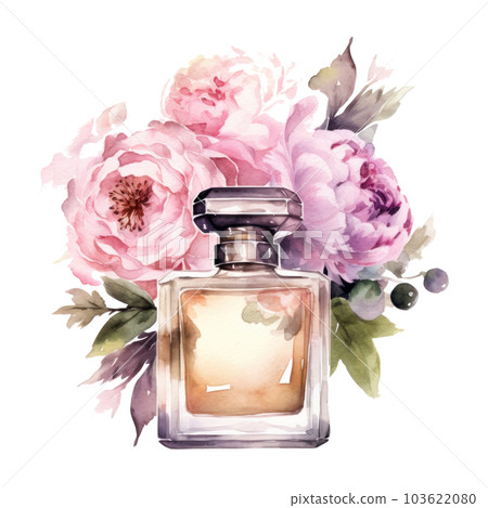 Watercolor perfume bottle with flowers. Illustration AI Generative 103622080