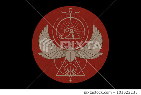 Egyptian sacred Scarab and Eye Of Horus, winged beetle vector illustration logo design, Egyptian hieroglyphs. Old Symbols of the ancient Egypt. Red circle isolated on black background  103622135