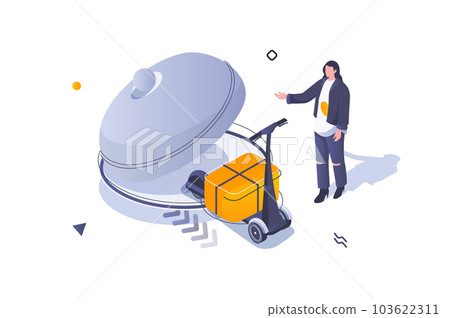 Food delivery concept in 3d isometric design. Woman making order from restaurant and using express shipping by courier kick scooter. Vector illustration with isometric people scene for web graphic Food delivery concept in 3d isometric design. Woman making order from restaurant and using express shipping by courier kick scooter. Vector illustration with isometric people scene for web graphic 103622311