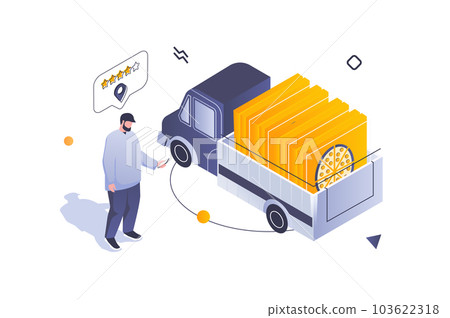 Food delivery concept in 3d isometric design. Man using services of logistics company and orders fast truck shipping of pizza boxes. Vector illustration with isometric people scene for web graphic 103622318