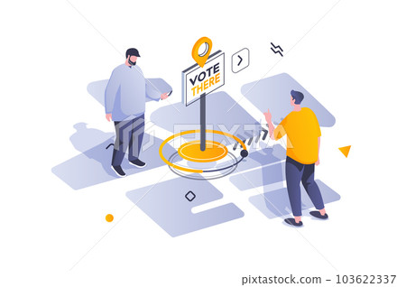 Election and voting concept in 3d isometric design. Men voters go to polls to participate in democratic election or referendum survey. Vector illustration with isometric people scene for web graphic Election and voting concept in 3d isometric design. Men voters go to polls to participate in democratic election or referendum survey. Vector illustration with isometric people scene for web graphic 103622337