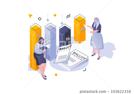 Election and voting concept in 3d isometric design. Women counting exit poll or voting results and show data at bar charts percentage. Vector illustration with isometric people scene for web graphic Election and voting concept in 3d isometric design. Women counting exit poll or voting results and show data at bar charts percentage. Vector illustration with isometric people scene for web graphic 103622338