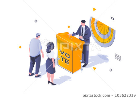 Election and voting concept in 3d isometric design. Political candidate stands behind podium and makes election campaign with voters. Vector illustration with isometric people scene for web graphic Election and voting concept in 3d isometric design. Political candidate stands behind podium and makes election campaign with voters. Vector illustration with isometric people scene for web graphic 103622339