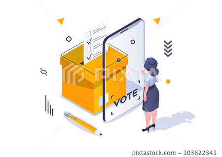 Election and voting concept in 3d isometric design. Woman voter chooses political candidate and put tick on electronic ballot st screen. Vector illustration with isometric people scene for web graphic Election and voting concept in 3d isometric design. Woman voter chooses political candidate and put tick on electronic ballot st screen. Vector illustration with isometric people scene for web graphic 103622341