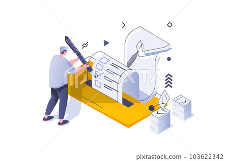 Election and voting concept in 3d isometric design. Man voter chooses his political candidate and put tick on ballot in polling place. Vector illustration with isometric people scene for web graphic Election and voting concept in 3d isometric design. Man voter chooses his political candidate and put tick on ballot in polling place. Vector illustration with isometric people scene for web graphic 103622342