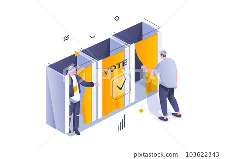 Election and voting concept in 3d isometric design. Man and woman voters choosing their political candidates in public voting booths. Vector illustration with isometric people scene for web graphic 103622343