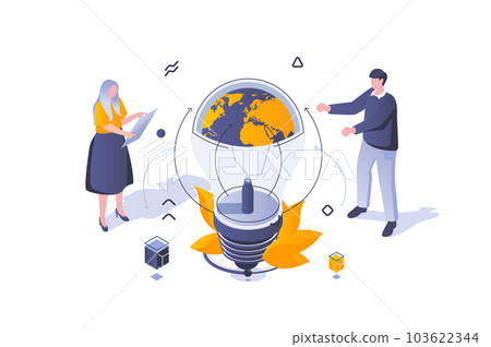 Eco lifestyle concept in 3d isometric design. Responsible using of electricity with global alternative renewable energy technologies. Vector illustration with isometric people scene for web graphic Eco lifestyle concept in 3d isometric design. Responsible using of electricity with global alternative renewable energy technologies. Vector illustration with isometric people scene for web graphic 103622344