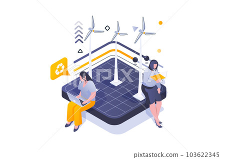 Eco lifestyle concept in 3d isometric design. Wind turbines station for energy generation and using renewable alternative sources. Vector illustration with isometric people scene for web graphic Eco lifestyle concept in 3d isometric design. Wind turbines station for energy generation and using renewable alternative sources. Vector illustration with isometric people scene for web graphic 103622345