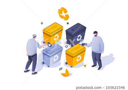 Eco lifestyle concept in 3d isometric design. Separating trash into different bins and recycling garbage at waste processing plant. Vector illustration with isometric people scene for web graphic Eco lifestyle concept in 3d isometric design. Separating trash into different bins and recycling garbage at waste processing plant. Vector illustration with isometric people scene for web graphic 103622346