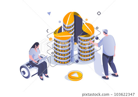 Eco lifestyle concept in 3d isometric design. Smart city with battery charging and using sustainable alternative sources technology. Vector illustration with isometric people scene for web graphic Eco lifestyle concept in 3d isometric design. Smart city with battery charging and using sustainable alternative sources technology. Vector illustration with isometric people scene for web graphic 103622347