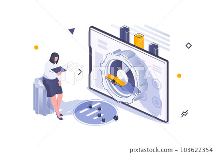Business marketing concept in 3d isometric design. Businesswoman working with financial data, investing money and making bank deposit. Vector illustration with isometric people scene for web graphic 103622354