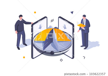Business marketing concept in 3d isometric design. Professional team working with data charts, discussing statistics review and budget. Vector illustration with isometric people scene for web graphic Business marketing concept in 3d isometric design. Professional team working with data charts, discussing statistics review and budget. Vector illustration with isometric people scene for web graphic 103622357
