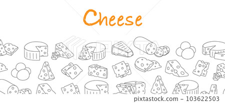 Cheeses shop banner. Background for cheese menu design. Cheddar, camembert, brick, mozzarella, maasdam, brie, roquefort, gouda, feta and parmesan. Cheeses shop banner. Background for cheese menu design. Cheddar, camembert, brick, mozzarella, maasdam, brie, roquefort, gouda, feta and parmesan. 103622503
