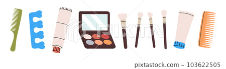 Set of makeup tools. Beauty tools silhouette. Comb, fingers separators, face cream, color palette, makeup brushes. Vector illustration. Set of makeup tools. Beauty tools silhouette. Comb, fingers separators, face cream, color palette, makeup brushes. Vector illustration. 103622505