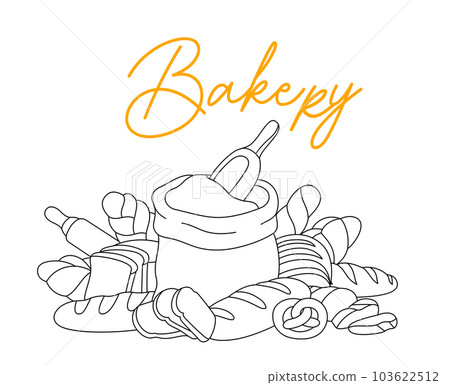 Bakery outline sketch. Bakery shop illustration. Hand drawn sketch with breads, pastry. Wheat bread, pretzel, ciabatta, croissant, french baguette. 103622512