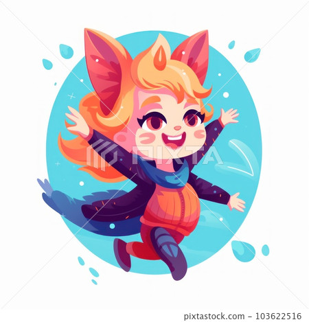 A girl in a cat costume is flying through the air. Generative AI image. A girl in a cat costume is flying through the air. Generative AI image. 103622516