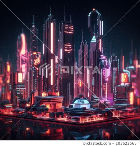 A futuristic city at night with neon lights. Generative AI image. 103622565