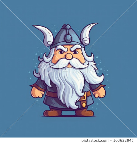 A cartoon viking with a long beard and a horned helmet. Generative AI image. 103622945