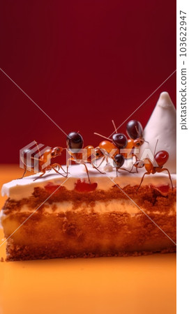 A group of ants walking on top of a piece of cake. Generative AI image. 103622947