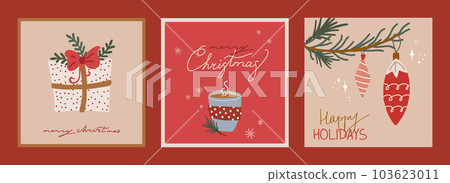 Set of christmas and new year cards with illustrations of christmas symbols in retro style Set of christmas and new year cards with illustrations of christmas symbols in retro style 103623011