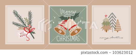 Set of christmas and new year cards with illustrations of christmas symbols in retro style Set of christmas and new year cards with illustrations of christmas symbols in retro style 103623012