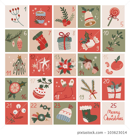 Retro Christmas advent calendar with numbers. Vector design in vintage style Retro Christmas advent calendar with numbers. Vector design in vintage style 103623014