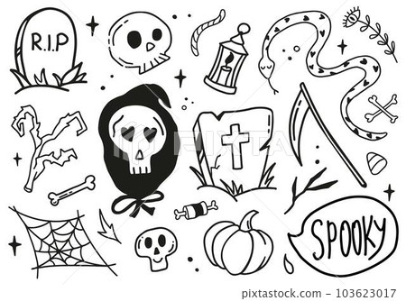 Happy Halloween cute vector set with death, scythe, skull, snake isolated on white background.  103623017