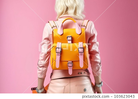 A woman advertises a leather backpack in the studio. Back view. Generative AI A woman advertises a leather backpack in the studio. Back view. Generative AI 103623043