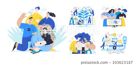 Memphis business illustration, company - modern outlined flat vector concept illustrations set, corporate Corporate Memphis style business metaphor Memphis business illustration, company - modern outlined flat vector concept illustrations set, corporate Corporate Memphis style business metaphor 103623187