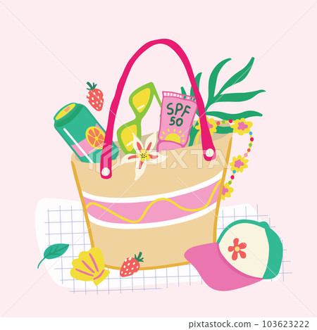 Vector illustration of summer bag with beachwear and sunprotection inside 103623222