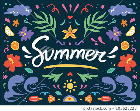 Summer hand drawn illustration with typography. Summer season postcard with palm leaf, waves, hibiscus, citrus. Vector templates for card, poster, flyer, banner 103623228