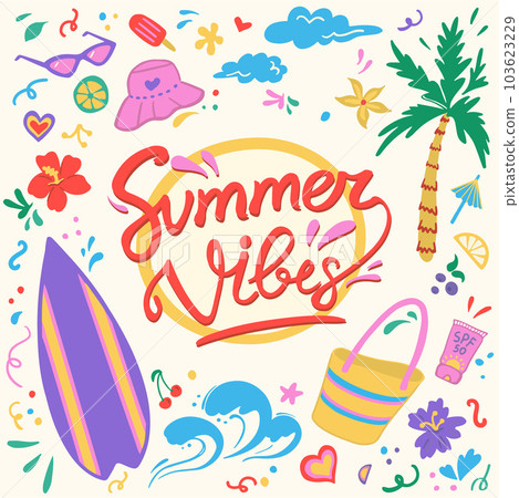 Summer doodle set of retro vector isolated cliparts. Hand drawn red lettering 103623229