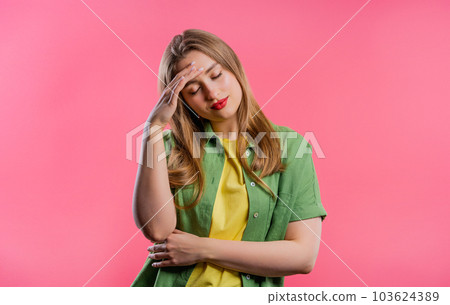 Ashamed confused woman, no, she forgot. Girl feeling sorrow,regret,drama,failure 103624389