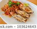 noodles plate with spaghetti pasta stir fried with vegetables herb spicy tasty appetizing asian noodles mix seafood stir fried shrimp prawn on white plate 103624643
