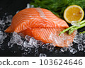 salmon fillet with lemon asparagus herb and spices, fresh raw salmon fish on ice for cooking food seafood salmon fish 103624646