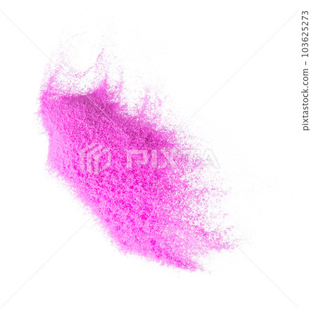 Small size purple Sand flying explosion, violet sands grain wave explode. Abstract cloud fly. purple colored sand splash throwing in Air. White background Isolated high speed shutter, throwing freeze 103625273