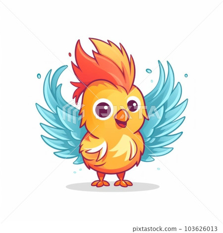 A yellow bird with blue wings on a white background. Generative AI image. 103626013